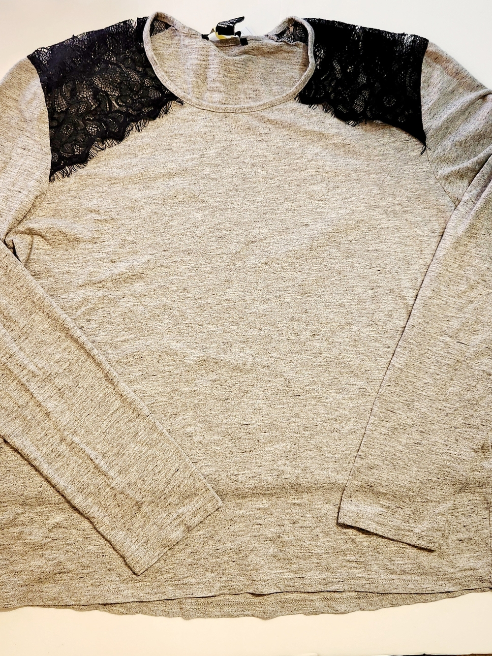Forever 21 Heather Gray Long Sleeve Top with Black Lace Shoulders